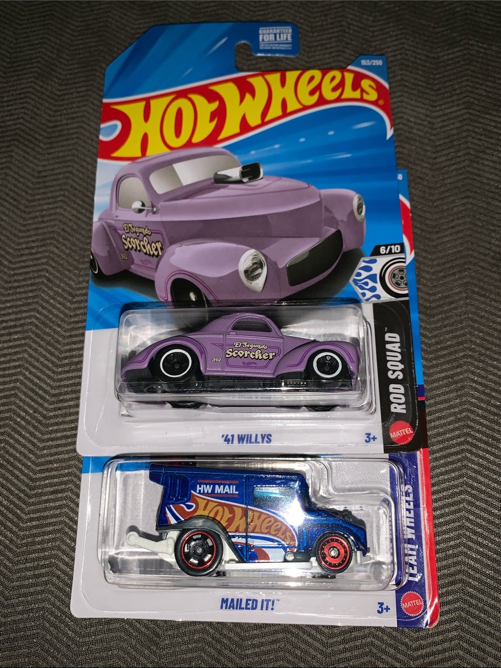 Hot Wheels '41 Willys Purple Rod Squad and Mailed It mail truck